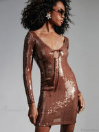 Sexy V Neck Long Sleeves Backless Sequin Mini Dress Women Party Dress image 1