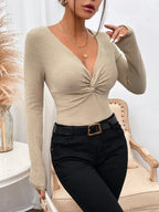Sexy V-Neck Pleated Knotted Long Sleeve Knitted T-shirt Women image 5