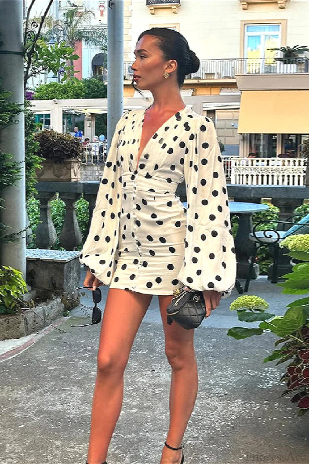 Sexy V Neck Polka Dot Lantern Sleeve Waist Cinching Fitted Mini Dress image 2