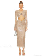 Sexy V Neck Sequins Cutout 3D Flower Dress Long Sleeves Party Dress image 3
