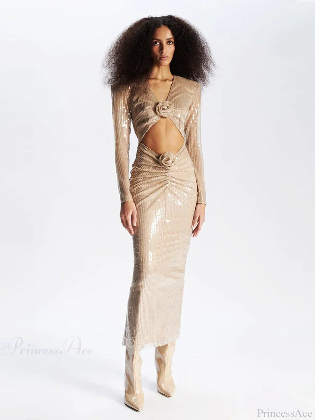 Sexy V Neck Sequins Cutout 3D Flower Dress Long Sleeves Party Dress image 1