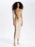 Sexy V Neck Sequins Cutout 3D Flower Dress Long Sleeves Party Dress image 1