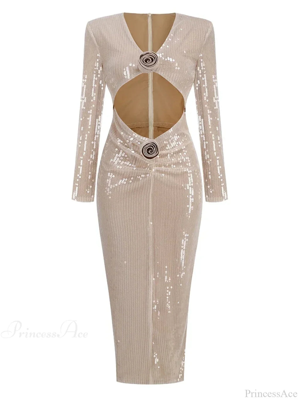 Sexy V Neck Sequins Cutout 3D Flower Dress Long Sleeves Party Dress image 7
