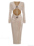 Sexy V Neck Sequins Cutout 3D Flower Dress Long Sleeves Party Dress image 7