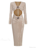 Sexy V Neck Sequins Cutout 3D Flower Dress Long Sleeves Party Dress image 7