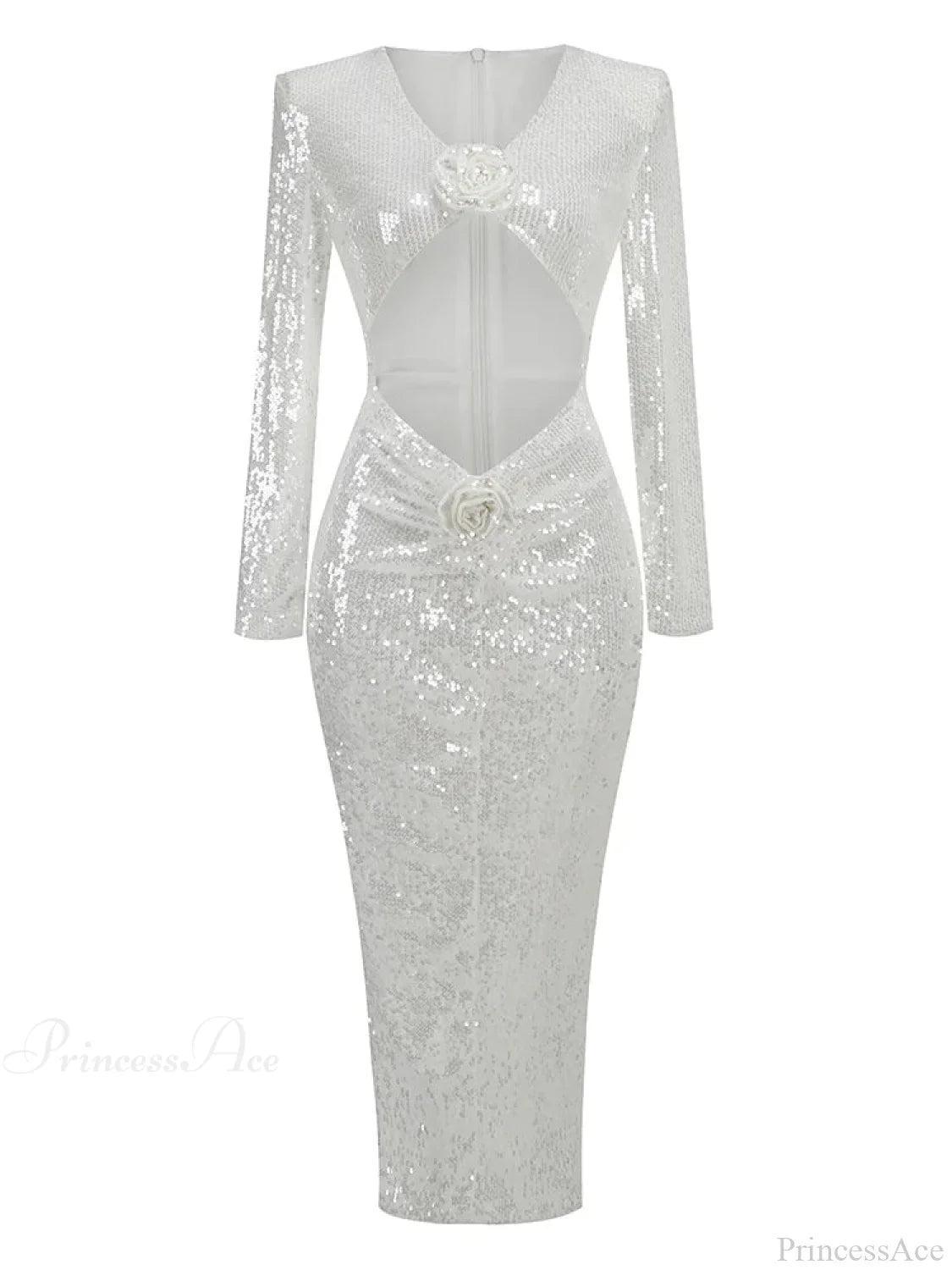 Sexy V Neck Sequins Cutout 3D Flower Dress Long Sleeves Party Dress image 8