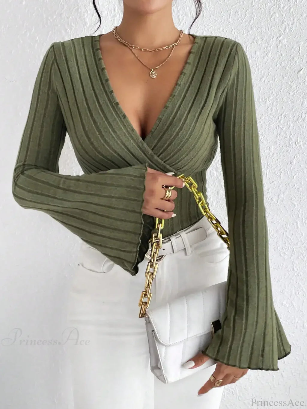 Sexy V-Neck Solid Color Slim Long Sleeve T-shirt Women image 7