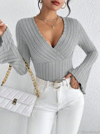 Sexy V-Neck Solid Color Slim Long Sleeve T-shirt Women image 5