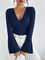 Sexy V-Neck Solid Color Slim Long Sleeve T-shirt Women image 9