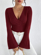 Sexy V-Neck Solid Color Slim Long Sleeve T-shirt Women image 11