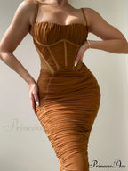 Sexy Warm-Season Strap Elegant Spaghetti Evening Woman Mesh Stretchy Party Gown Ruched Bodycon Long Full-Length Dress image 2