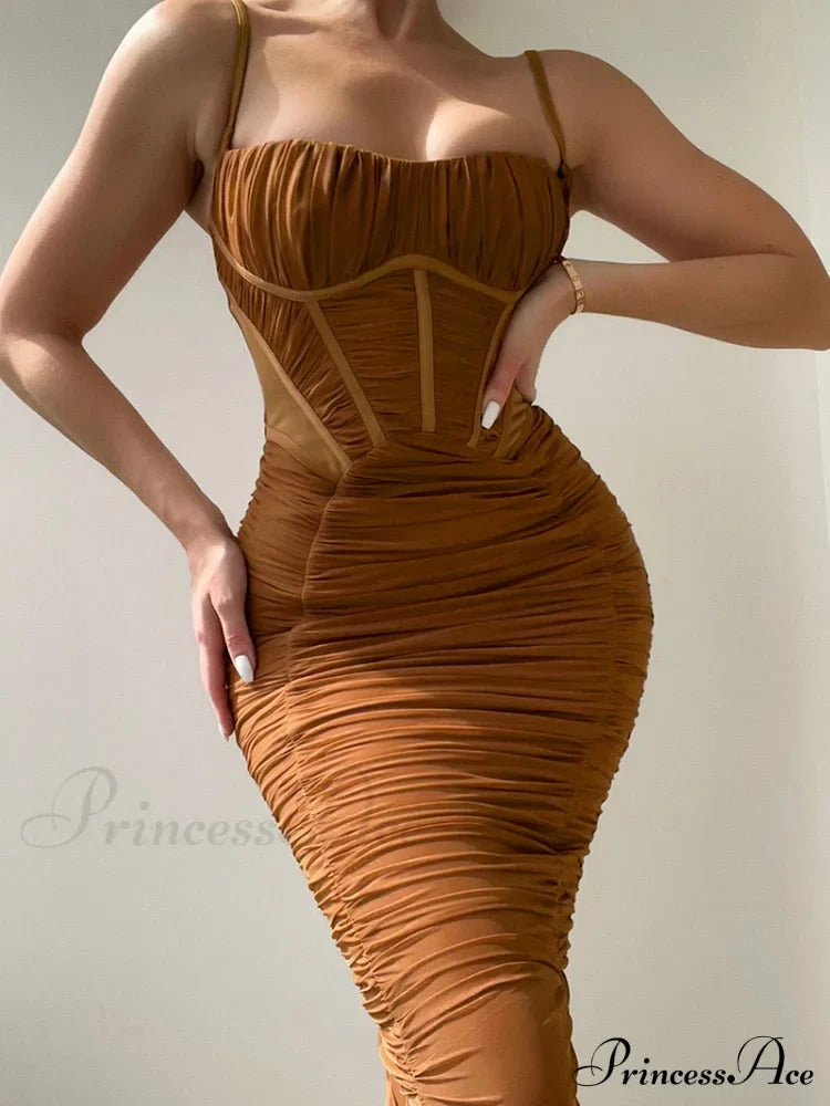 Sexy Warm-Season Strap Elegant Spaghetti Evening Woman Mesh Stretchy Party Gown Ruched Bodycon Long Full-Length Dress image 2
