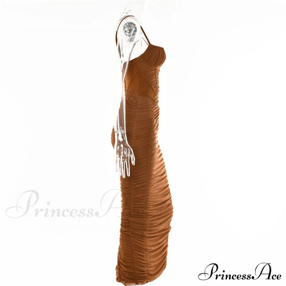 Sexy Warm-Season Strap Elegant Spaghetti Evening Woman Mesh Stretchy Party Gown Ruched Bodycon Long Full-Length Dress image 8
