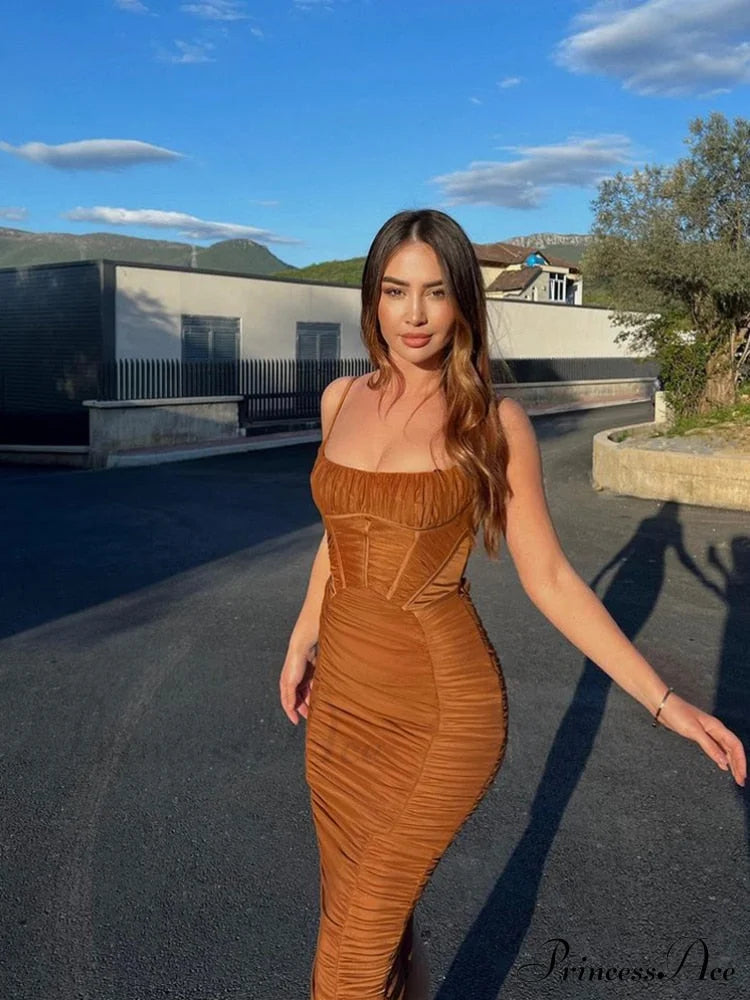 Sexy Warm-Season Strap Elegant Spaghetti Evening Woman Mesh Stretchy Party Gown Ruched Bodycon Long Full-Length Dress image 3