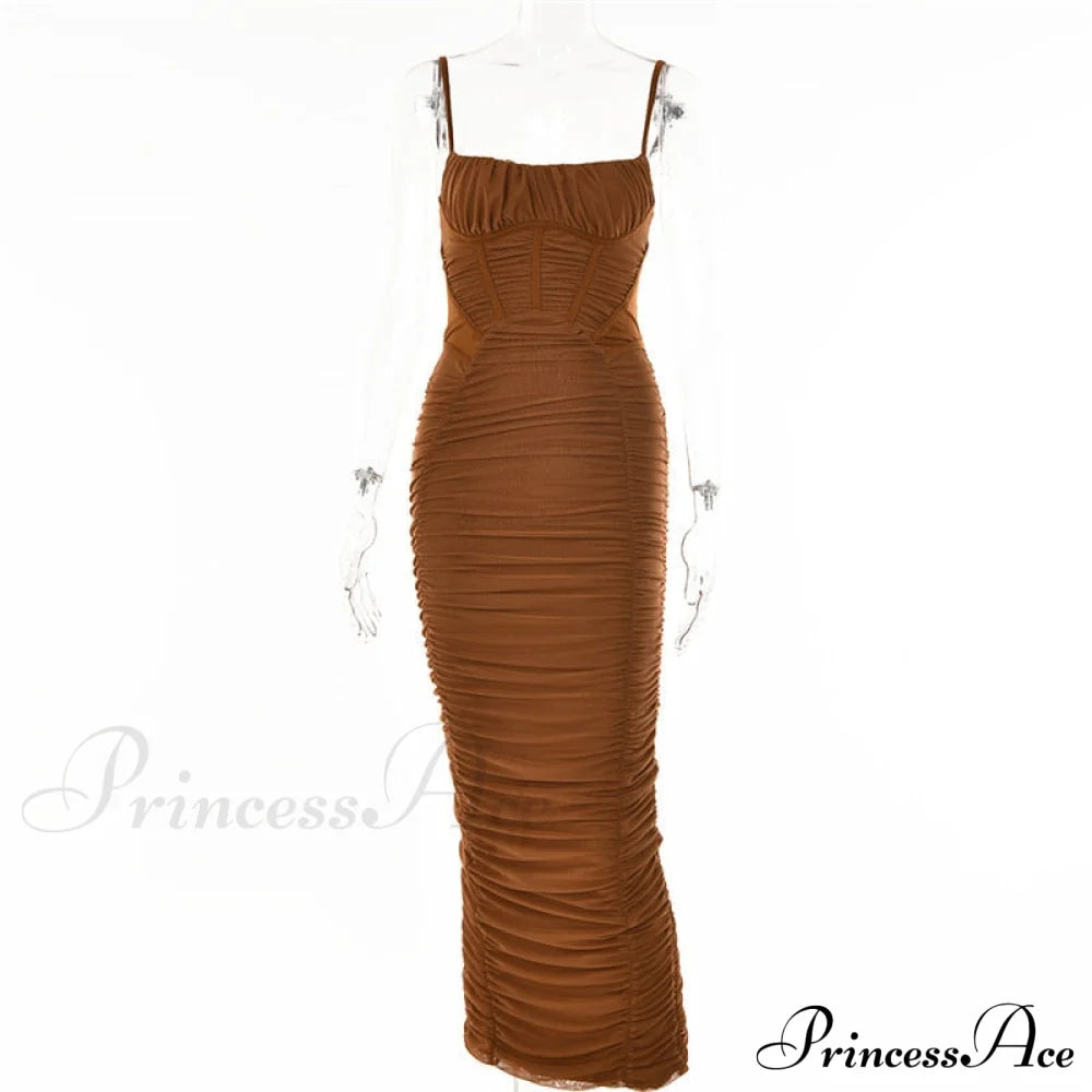Sexy Warm-Season Strap Elegant Spaghetti Evening Woman Mesh Stretchy Party Gown Ruched Bodycon Long Full-Length Dress image 6
