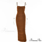 Sexy Warm-Season Strap Elegant Spaghetti Evening Woman Mesh Stretchy Party Gown Ruched Bodycon Long Full-Length Dress image 6