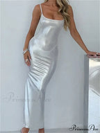 Sexy Women Bodycon Solid Metallic Sleeveless Strap Summer Backless Party Female Vestidos Streetwear image 4