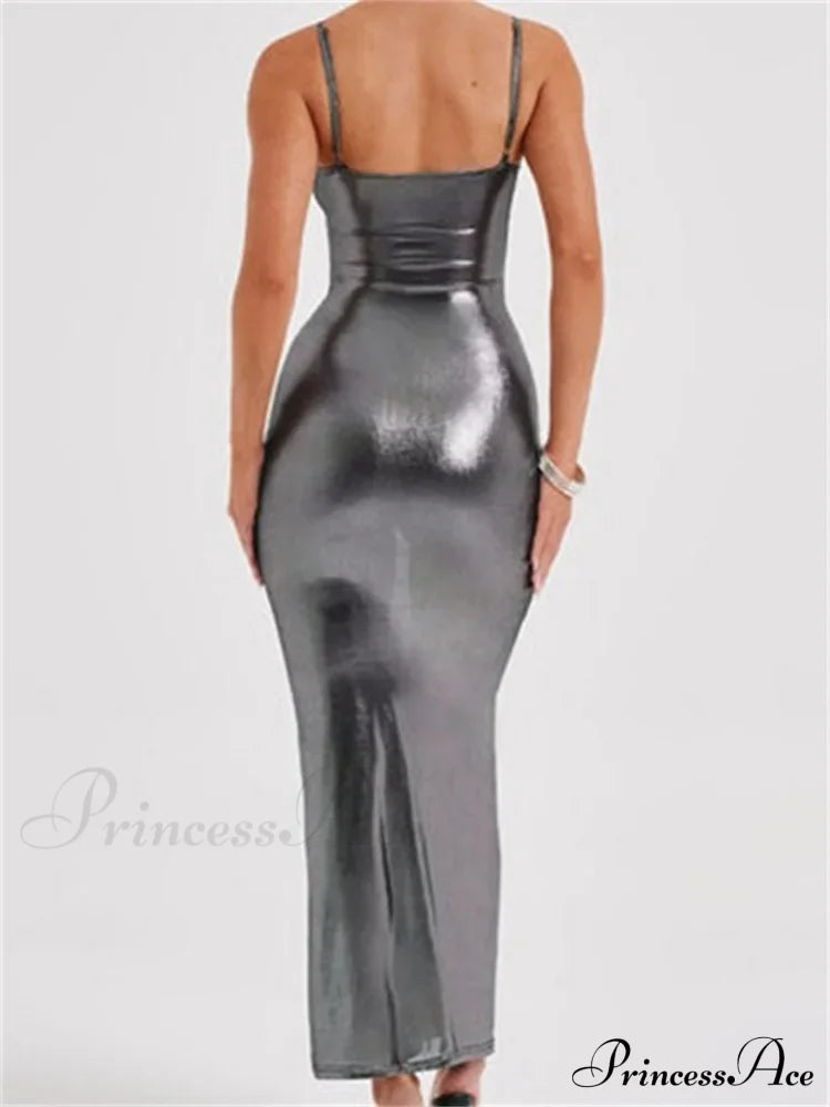 Sexy Women Bodycon Solid Metallic Sleeveless Strap Summer Backless Party Female Vestidos Streetwear image 2