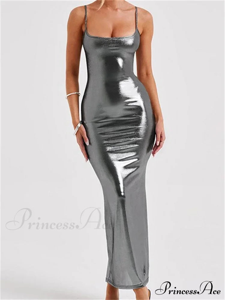 Sexy Women Bodycon Solid Metallic Sleeveless Strap Summer Backless Party Female Vestidos Streetwear image 1