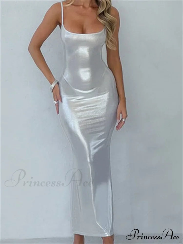 Sexy Women Bodycon Solid Metallic Sleeveless Strap Summer Backless Party Female Vestidos Streetwear image 3