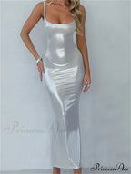 Sexy Women Bodycon Solid Metallic Sleeveless Strap Summer Backless Party Female Vestidos Streetwear image 3