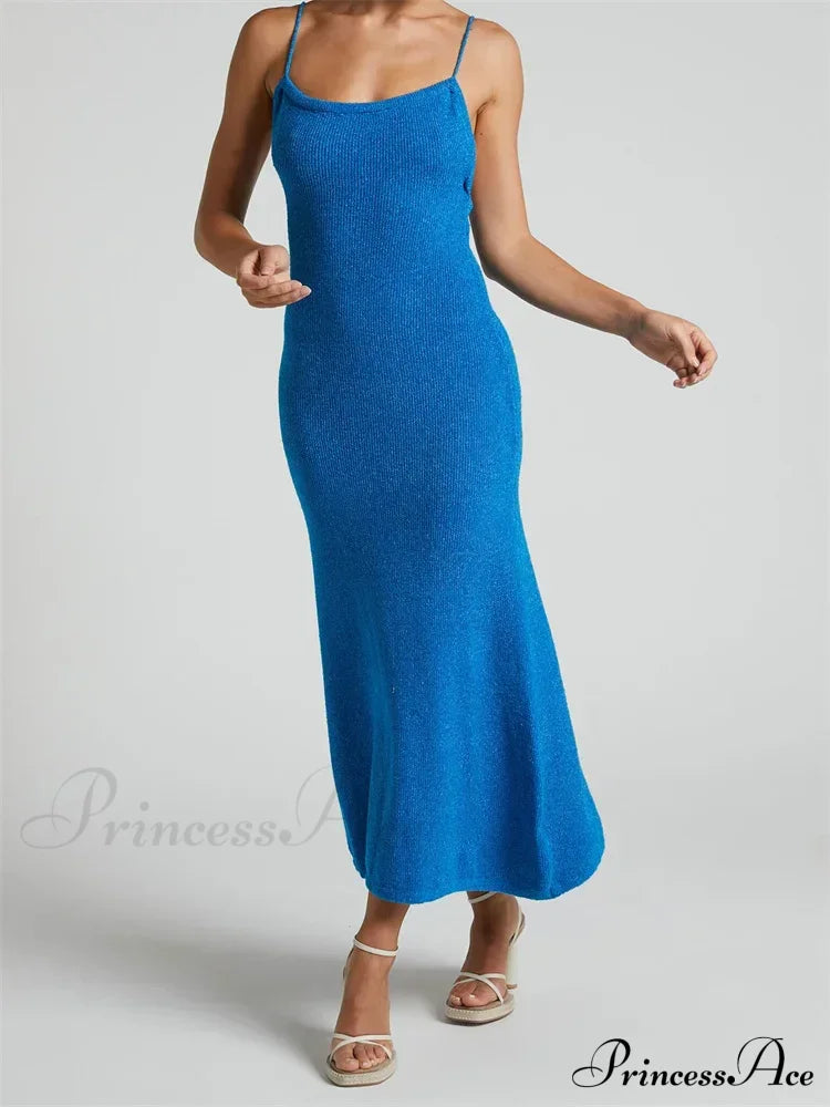 Sexy Women Knitted Summer Solid Color Sleeveless Spaghetti Strap Low Cut O-neck Backless Vestidos image 9