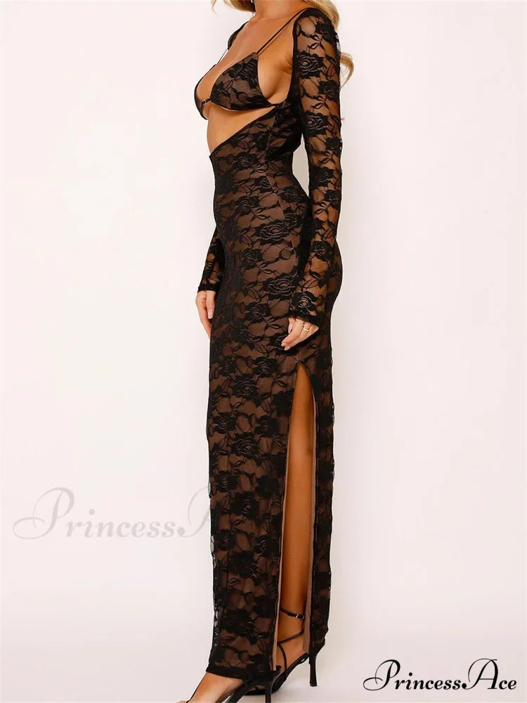 Sexy Women Lace Sleeve Low Cut Deep V-neck Party Club with Bra Summer High Split Vestidos image 4