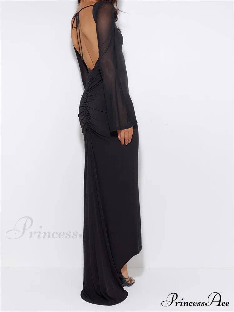 Sexy Women Mesh Sleeve Backless Ruched Lace-up Solid Color Party Female Irregular Hem Vestidos image 2