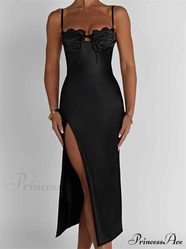 Sexy Women Ruched Lace Low Cut Sleeveless Spaghetti Strap High Split Evening Front Tie-up Vestidos image 1