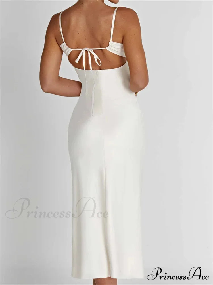 Sexy Women Ruched Lace Low Cut Sleeveless Spaghetti Strap High Split Evening Front Tie-up Vestidos image 4