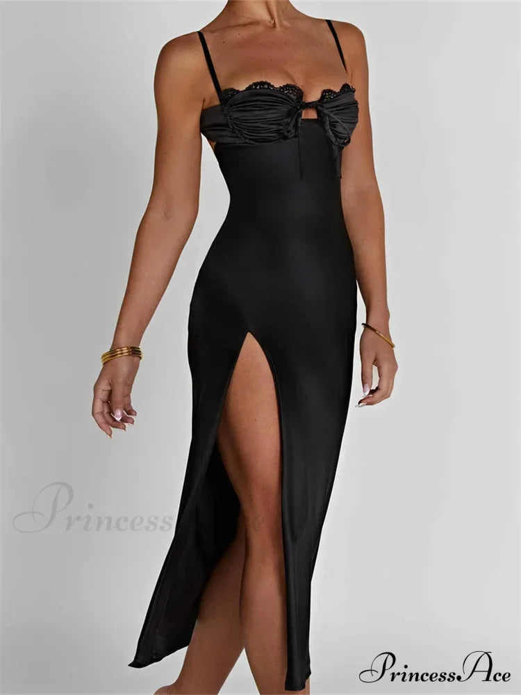 Sexy Women Ruched Lace Low Cut Sleeveless Spaghetti Strap High Split Evening Front Tie-up Vestidos image 3