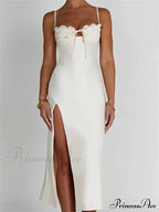Sexy Women Ruched Lace Low Cut Sleeveless Spaghetti Strap High Split Evening Front Tie-up Vestidos image 5