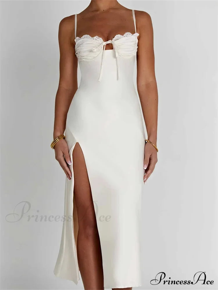 Sexy Women Ruched Lace Low Cut Sleeveless Spaghetti Strap High Split Evening Front Tie-up Vestidos image 5