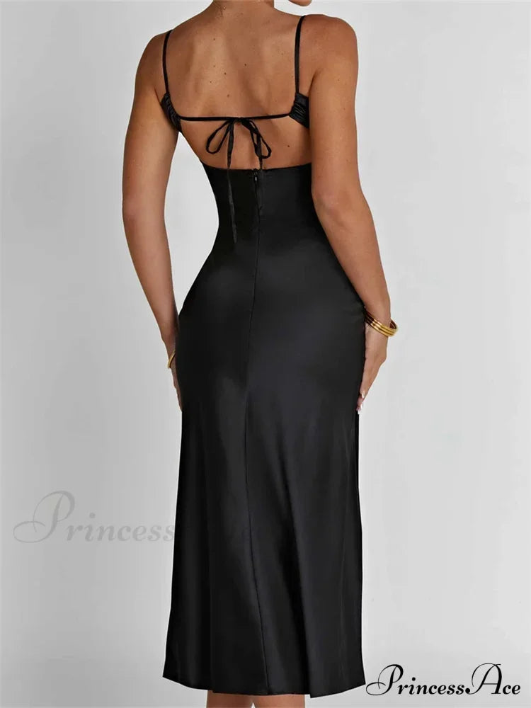 Sexy Women Ruched Lace Low Cut Sleeveless Spaghetti Strap High Split Evening Front Tie-up Vestidos image 2