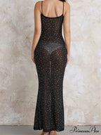 Sexy Women Sleeveless Strap Slim Sparkle Rhinestone Low Cut Trumpet Summer Party Female Vestido image 2
