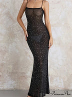 Sexy Women Sleeveless Strap Slim Sparkle Rhinestone Low Cut Trumpet Summer Party Female Vestido image 1