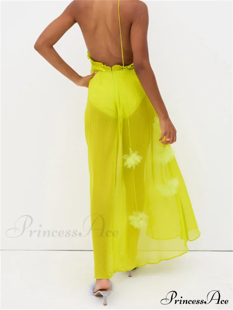 Sexy Women Summer Beach Sleeveless Halter Tie-up Backless See-through Flower Split Ruffles Vestidos image 4
