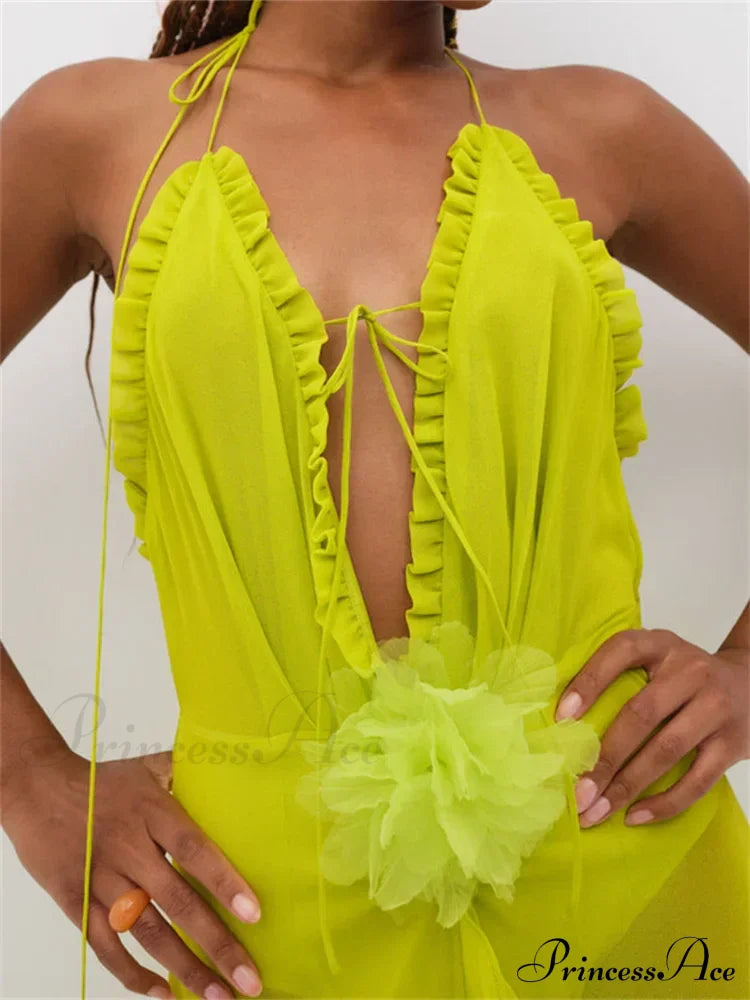 Sexy Women Summer Beach Sleeveless Halter Tie-up Backless See-through Flower Split Ruffles Vestidos image 3