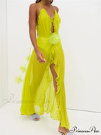 Sexy Women Summer Beach Sleeveless Halter Tie-up Backless See-through Flower Split Ruffles Vestidos image 1
