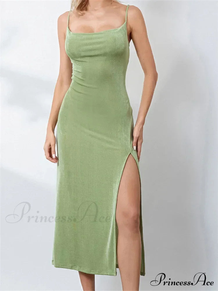 Sexy Women Summer High Split Solid Spaghetti Strap Square Neck Backless Slim Female Vestidos image 4