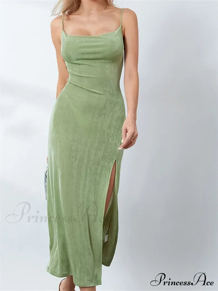 Sexy Women Summer High Split Solid Spaghetti Strap Square Neck Backless Slim Female Vestidos image 3