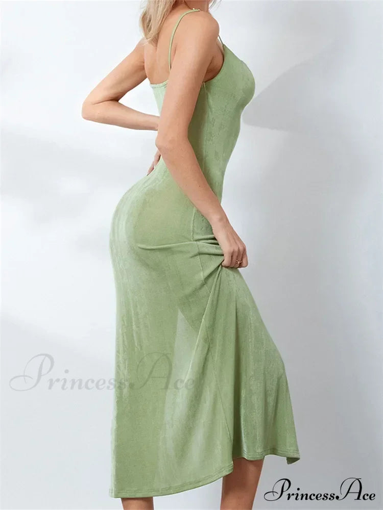 Sexy Women Summer High Split Solid Spaghetti Strap Square Neck Backless Slim Female Vestidos image 2