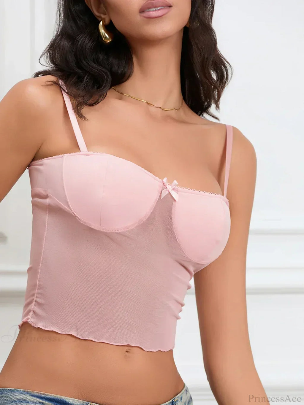 Sheer Camis Sweetheart Bow Spaghetti Strap Crop Top image 5