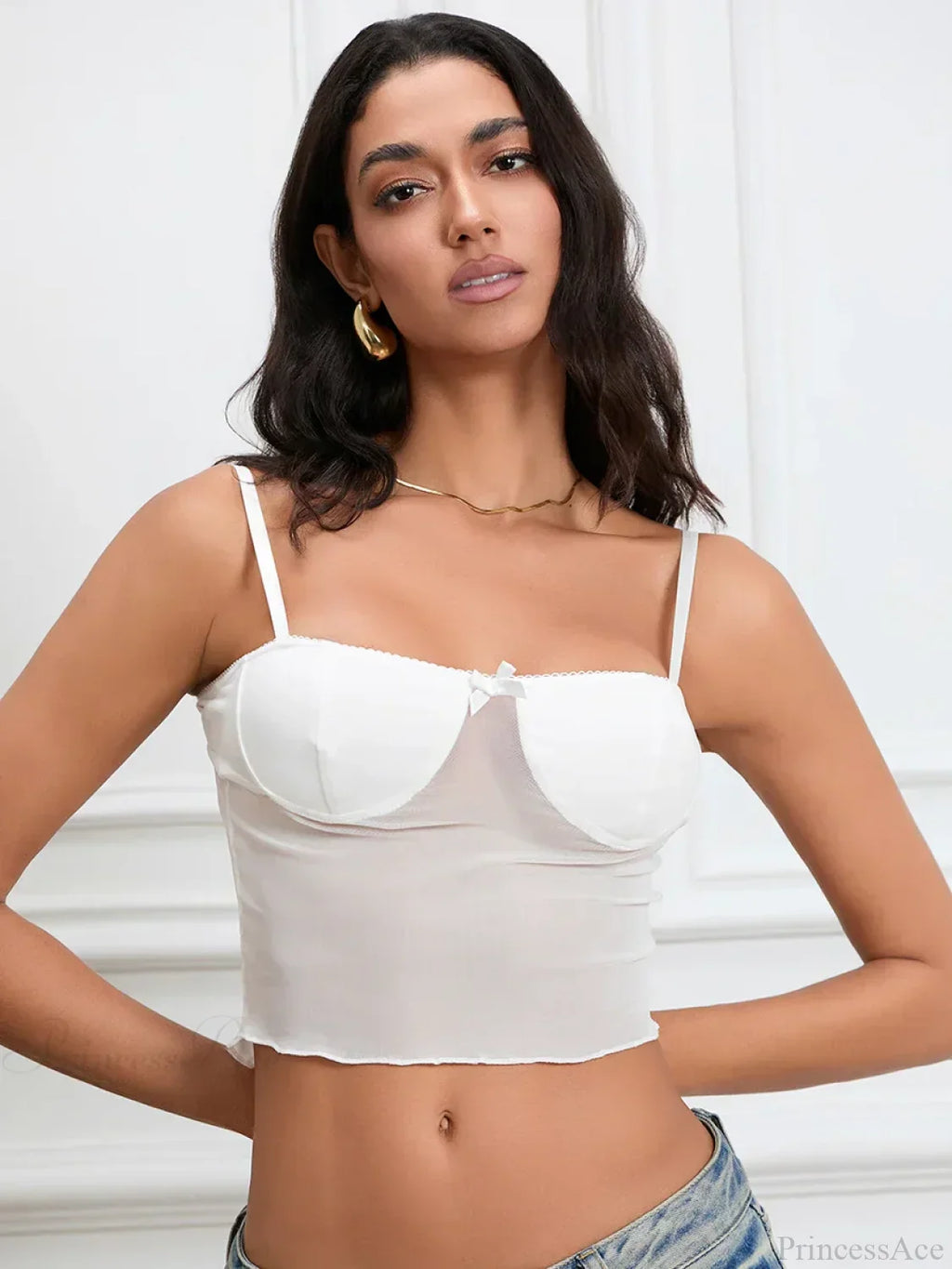 Sheer Camis Sweetheart Bow Spaghetti Strap Crop Top image 1