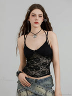 Sheer Lace Floral Halter Tie-up Nightclub Camisole Top image 2