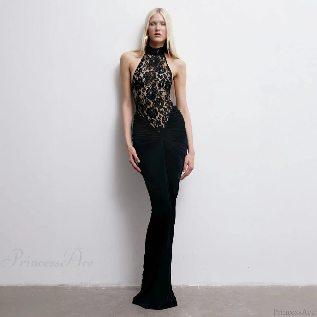 Sheer Lace Halter Backless Black Prom Dress image 1