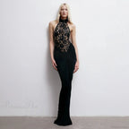 Sheer Lace Halter Backless Black Prom Dress image 1