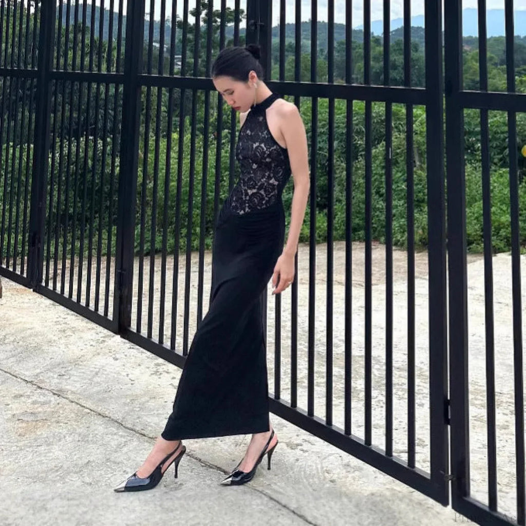 Sheer Lace Halter Backless Black Prom Dress image 2