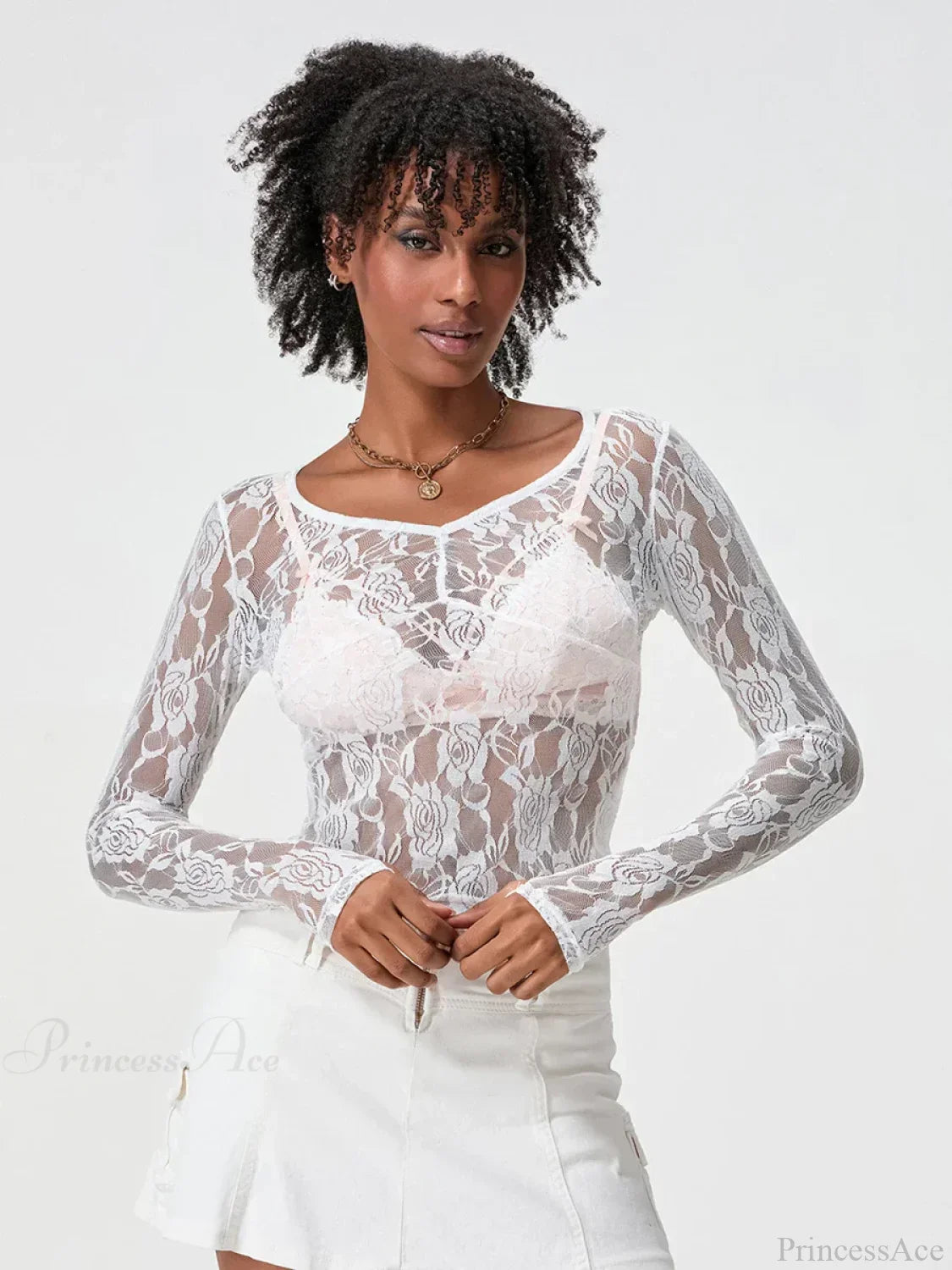 Sheer Lace Long Sleeve V-neck Mesh Crop T-shirt image 2