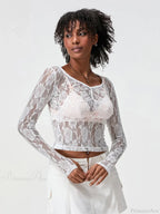 Sheer Lace Long Sleeve V-neck Mesh Crop T-shirt image 4